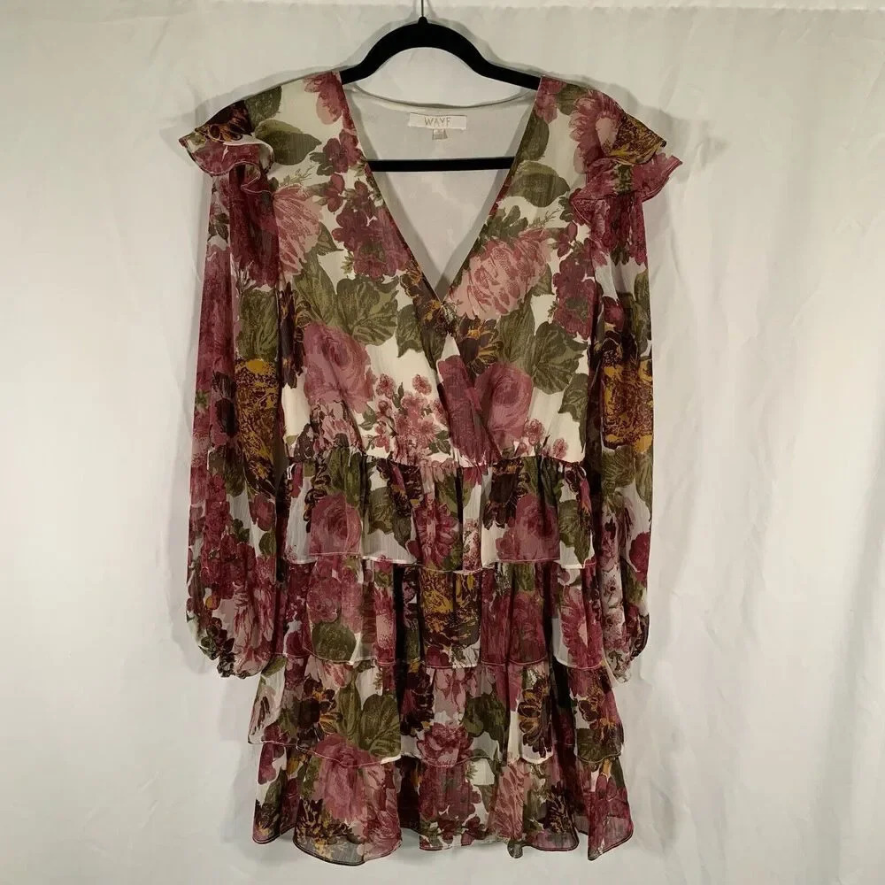 WAYF Mini Dress Women's Small Purple Floral Sheer long Sleeve Vneck Tiered